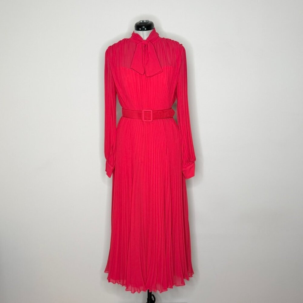 Badgley Mischka Fuscia Pleated Long-Sleeve Bow Midi Dress